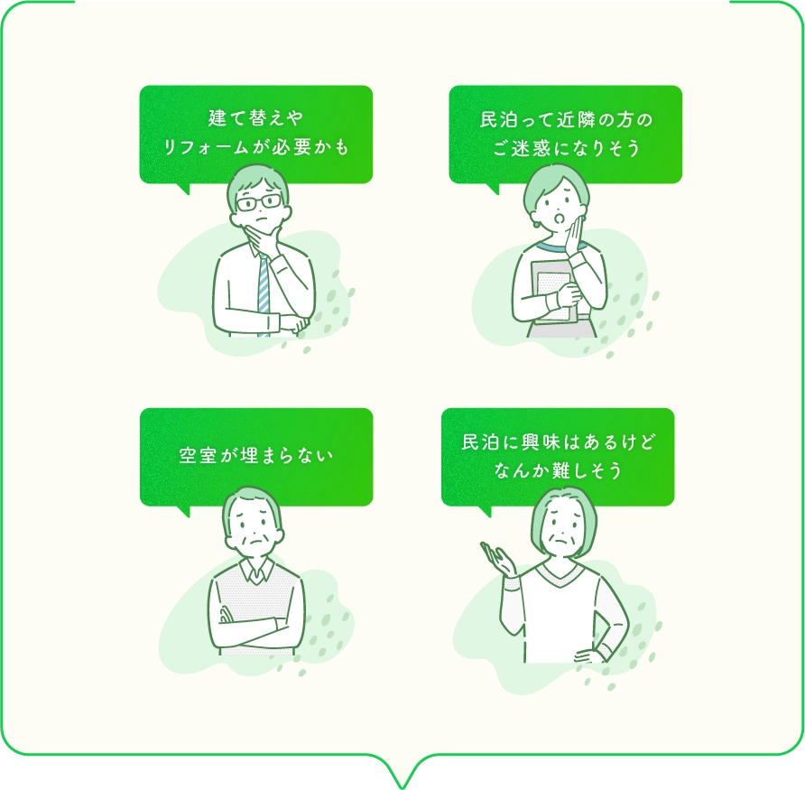 建て替えやリフォームが必要かも,民泊って近隣のご迷惑になりそう,空室が埋まらない,民泊に興味はあるけど、なんか難しそう